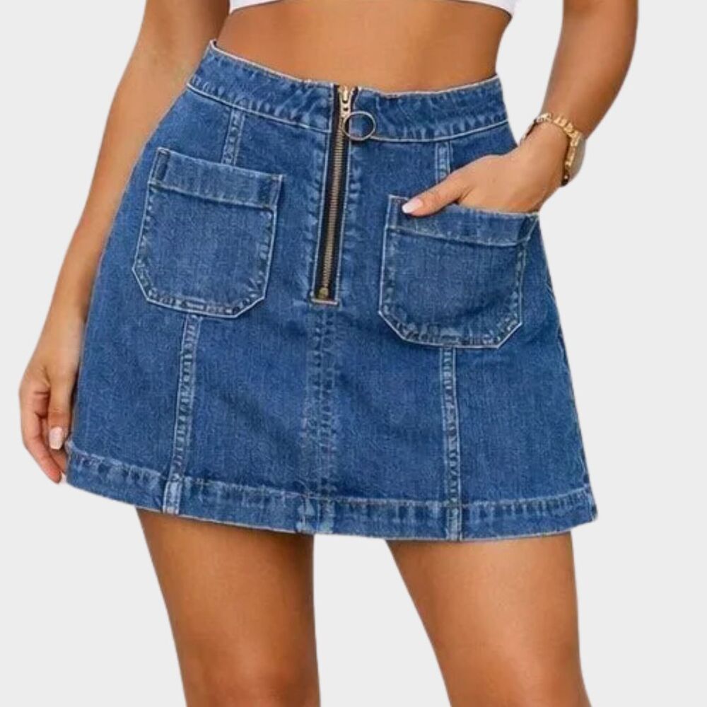 Madewell Denim Mini Skirt Front Zip Utility Pocket Blue Jean Skirt Size 28